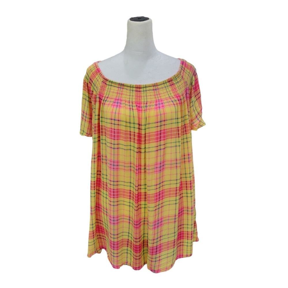 Torrid Women's Smocked Crew Neck Blouse Crinkle Gauze Plaid Yellow 2021